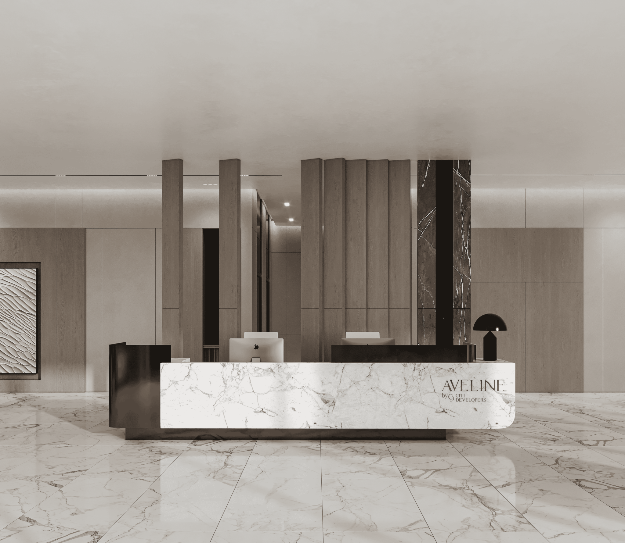 The reception area at Aveline Residences with ‘AVELINE RESIDENCES’ on the marble desk, reflecting the sophistication of JVC, Dubai.