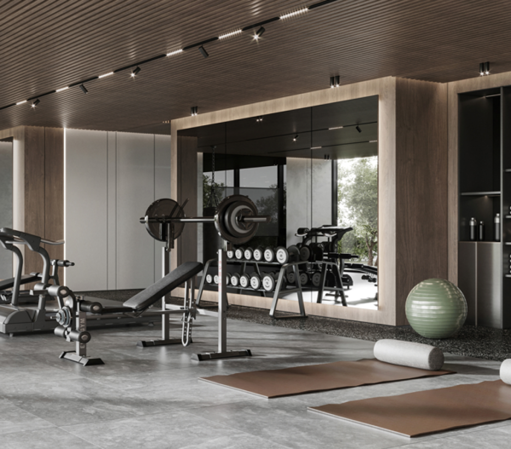 Contemporary gym interior in Aveline Building, setting new standards for fitness excellence.