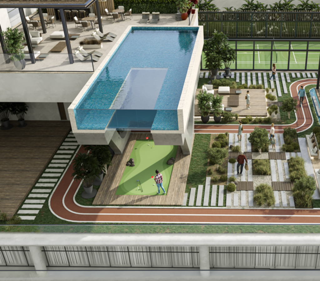 Aveline Building rooftop view, showcasing pool, tennis court, and yoga space against the sky